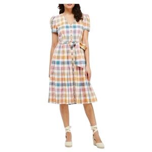 Gal Meets Glam Poppy Gingham Linen Blend Midi Dress, Pink Coral Multi Sz 4